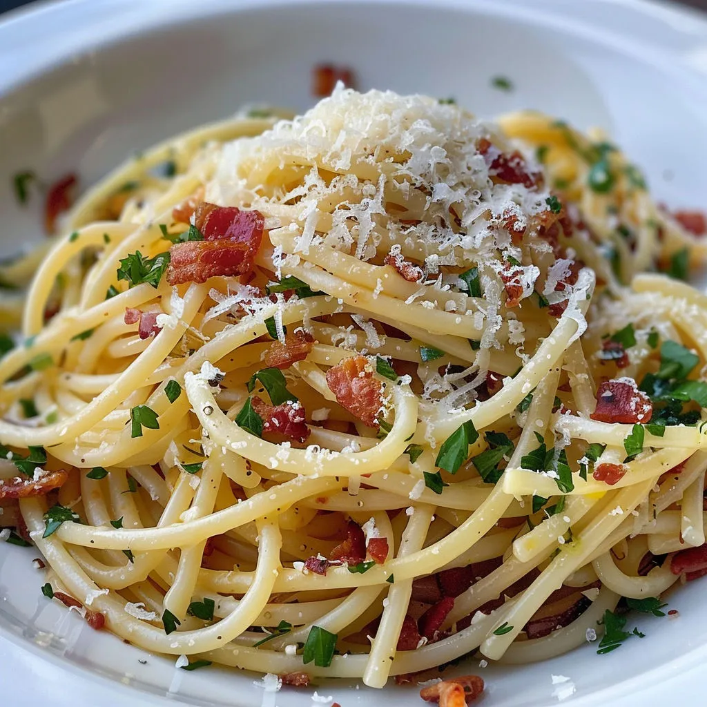 Spaghettis avec herbes fraîches et bacon, servis avec une sauce rouge.