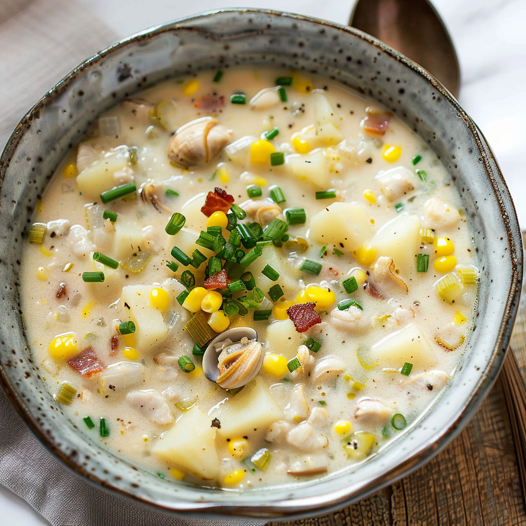 Bol de soupe crémeuse avec poisson, palourdes et légumes frais, servie dans un bol rustique.
