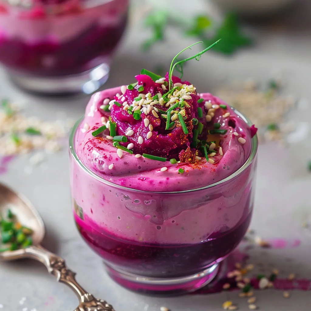 Verrine de mousse onctueuse betterave et feta, herbes et graines de lin en déco.