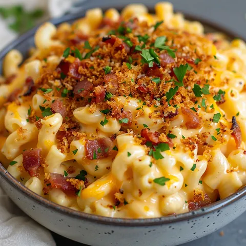 Casserole de macaroni fondant, garnie de bacon et d’herbes fraîches.