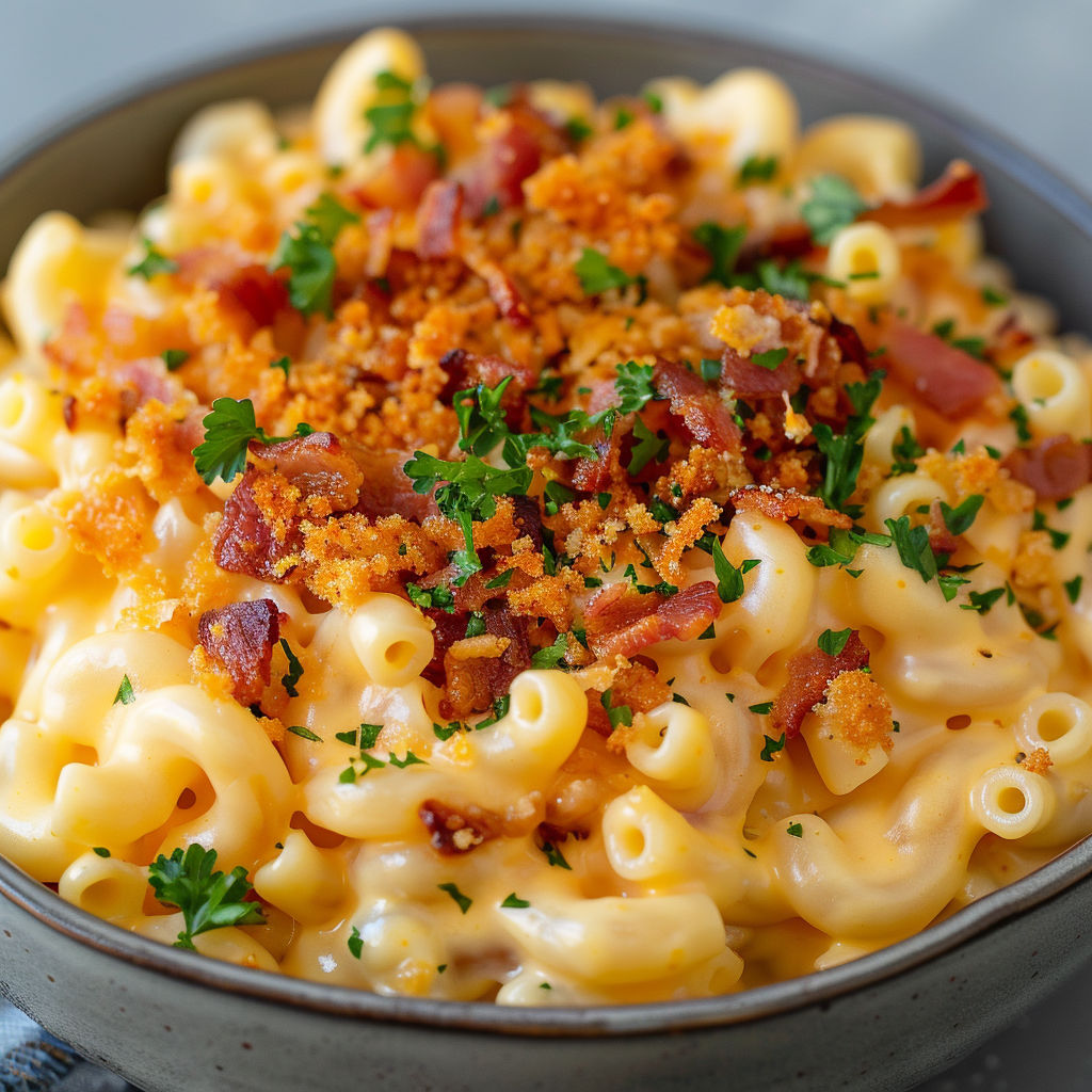 Un bol de macaroni hyper crémeux au cheddar avec du bacon émietté dessus richement doré.