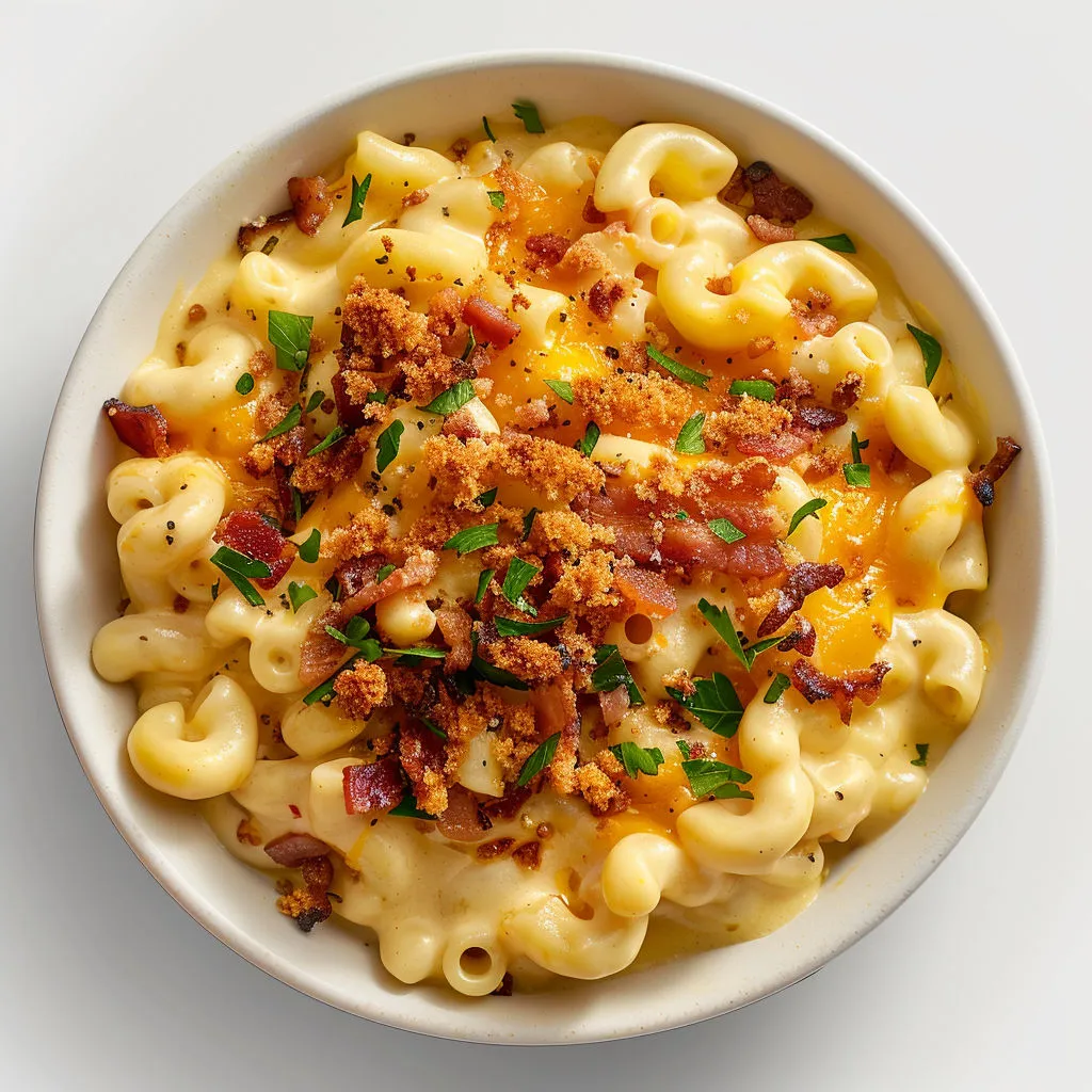 Un plat gratiné de macaroni avec fromage corsé et du bacon croustillant dessus.