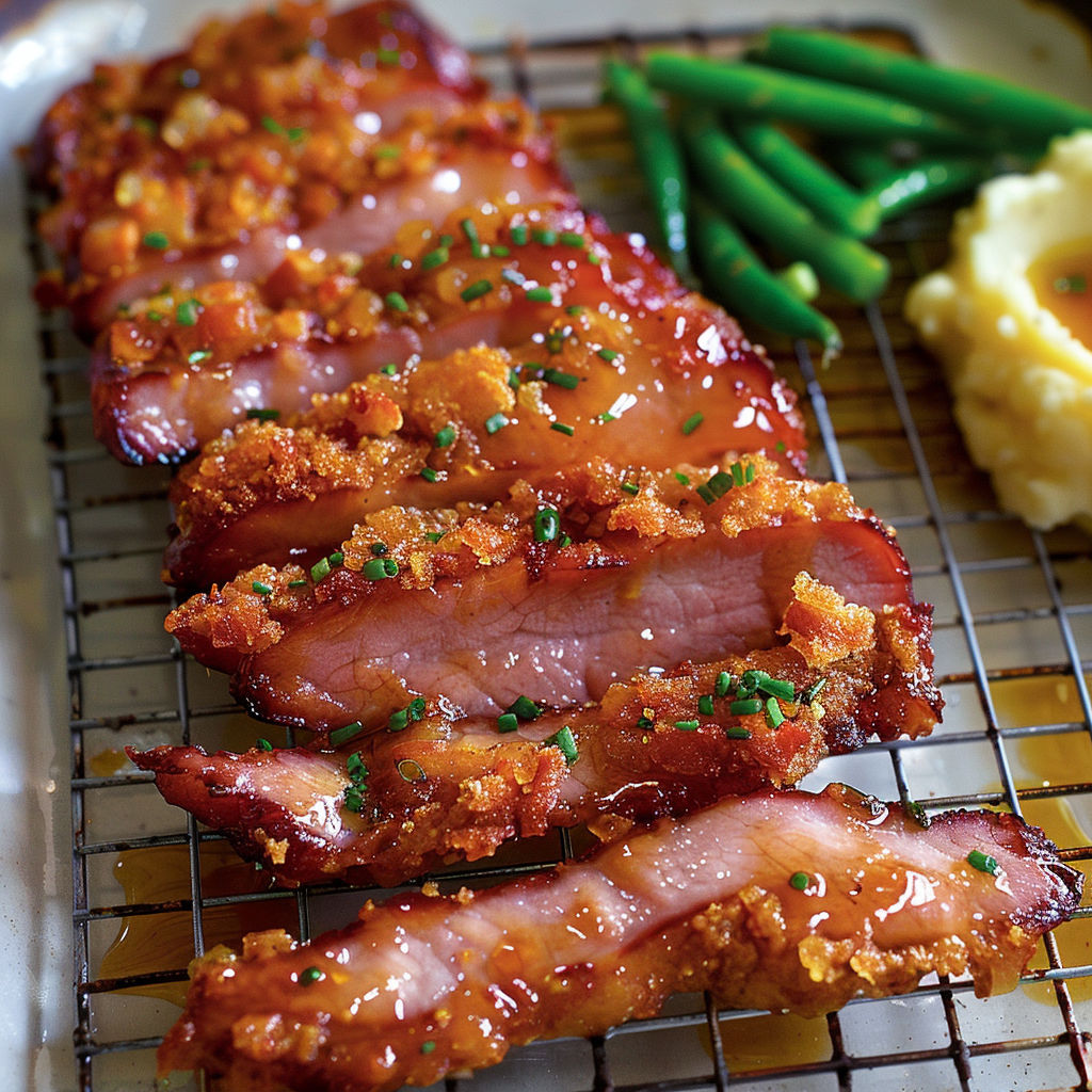 Porc en croûte de bacon croustillant, accompagné de haricots verts et de purée onctueuse.