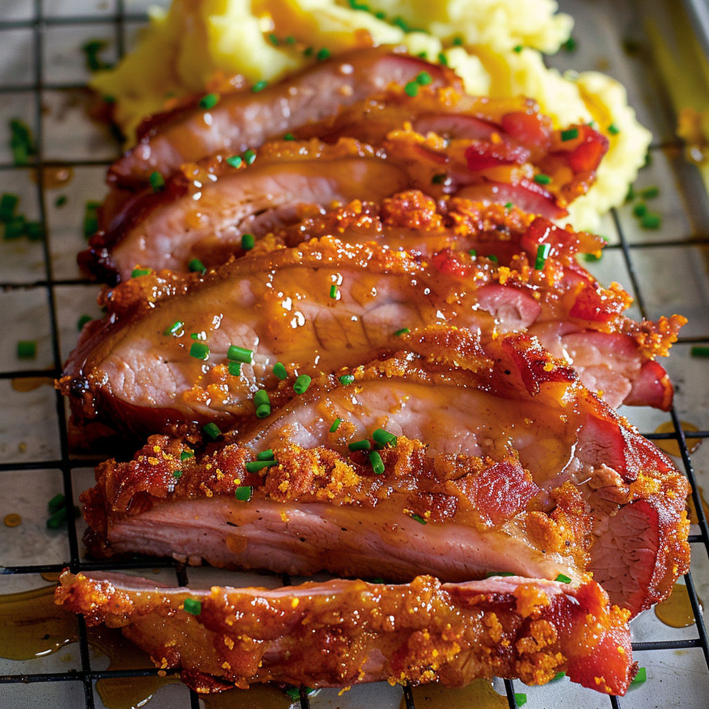 Filet de porc croustillant au bacon et sauce moutarde-miel.