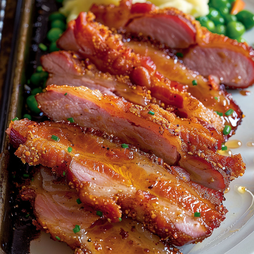 Tranches de porc au bacon croustillant, miel, ciboulette, sur plateau.