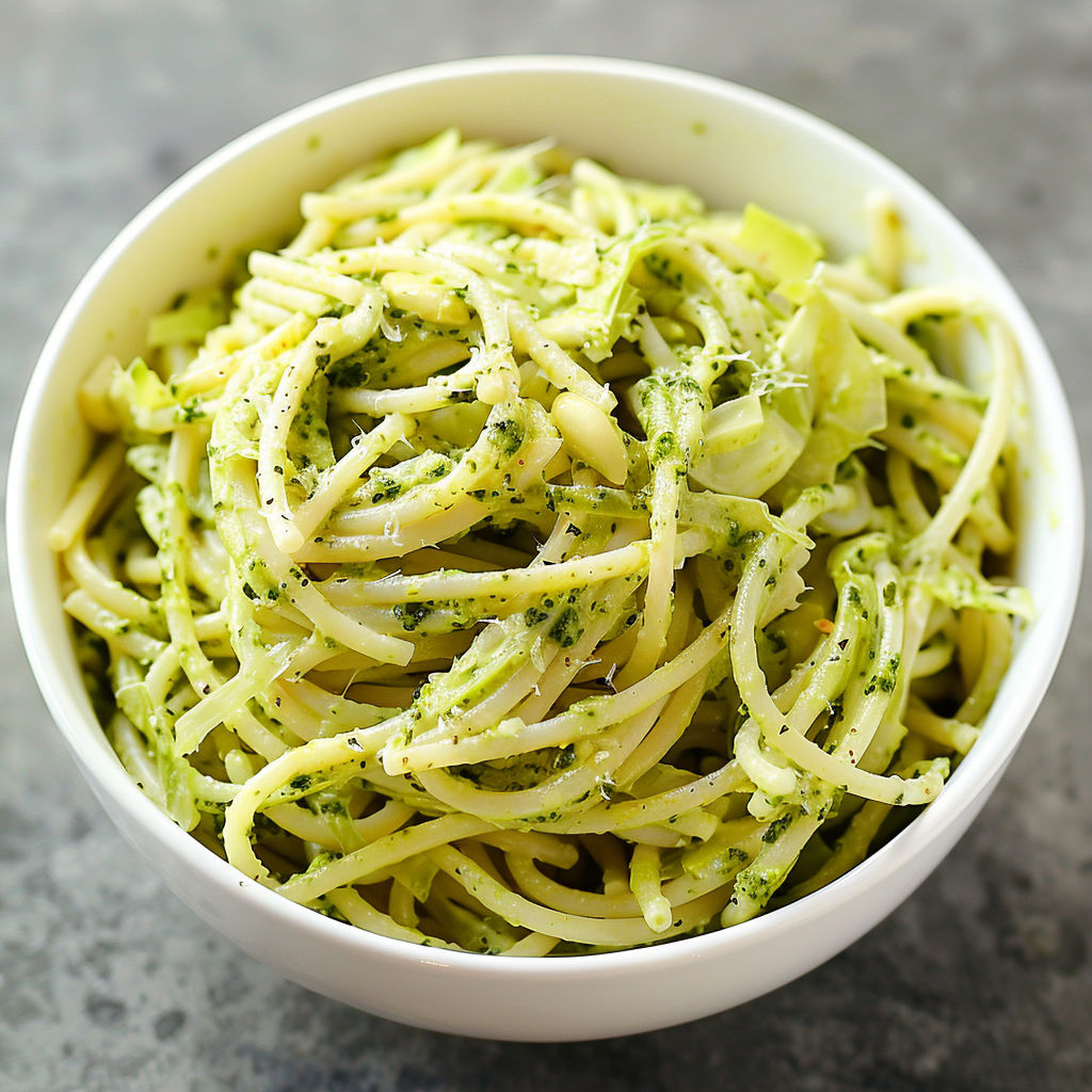 Un bol rempli d'une salade de spaghettis et chou frais.