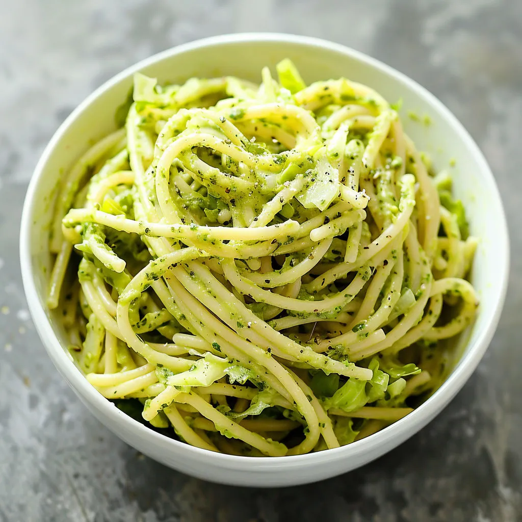Un saladier avec spaghettis, chou vert et sauce pesto.