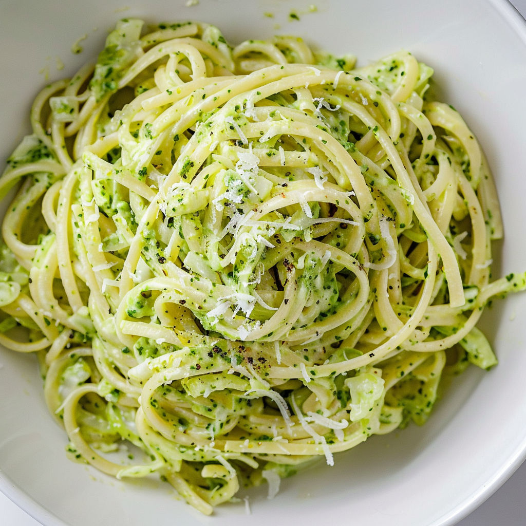 Assiette de spaghettis au chou, sauce crémeuse et pesto vert.