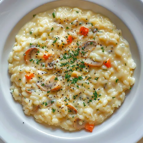 Un risotto crémeux avec parmesan, champignons et herbes pour un plat riche en saveurs.