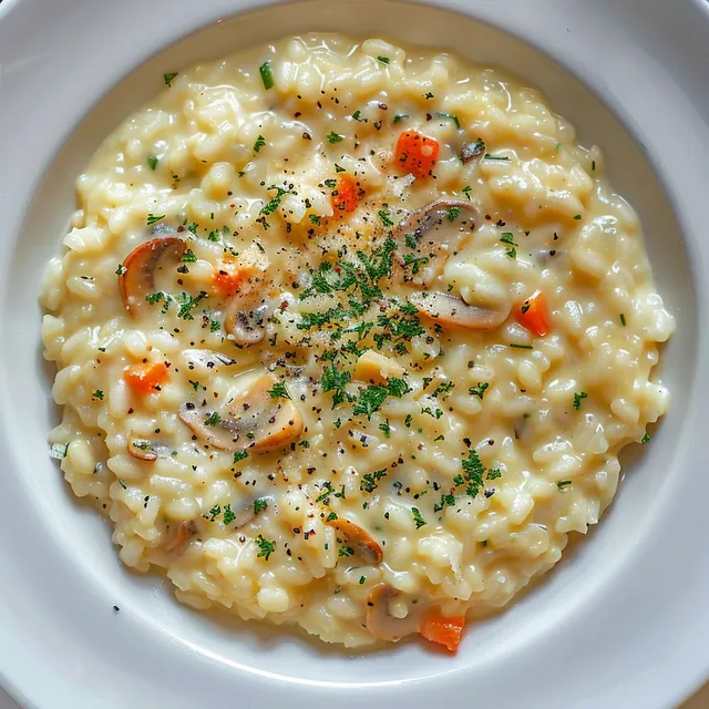Un risotto crémeux avec parmesan, champignons et herbes pour un plat riche en saveurs.
