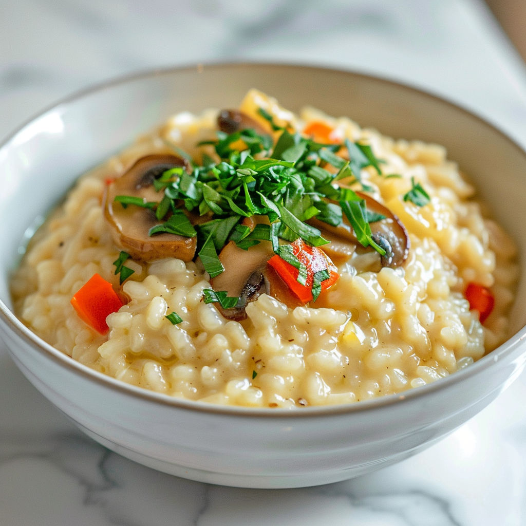 Bol de riz crémeux aux champignons et épinards.