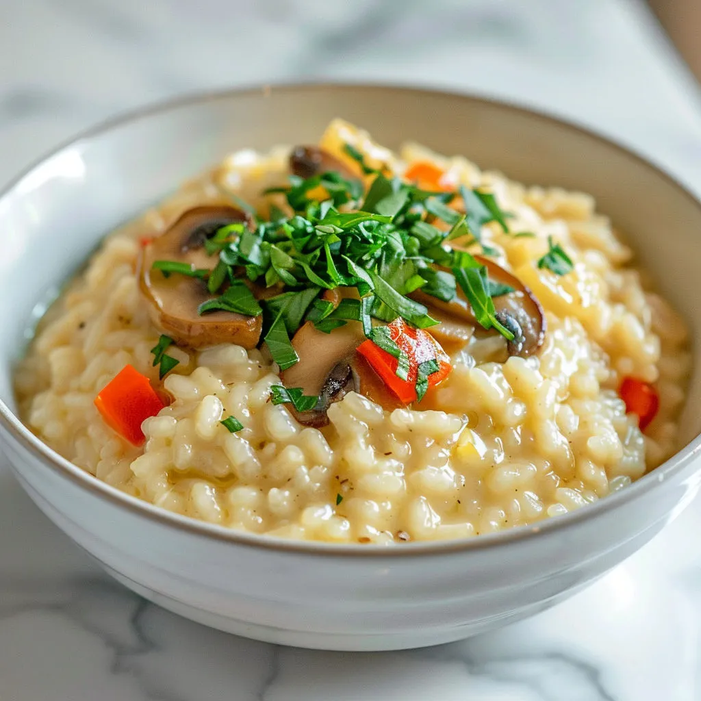 Bol de riz crémeux aux champignons et épinards.