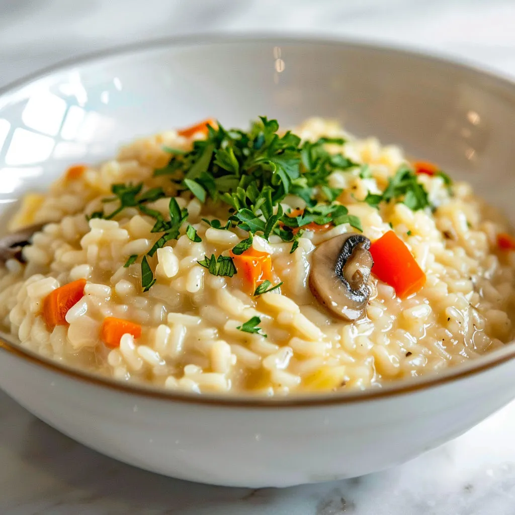 Bol de riz crémeux aux légumes et champignons.