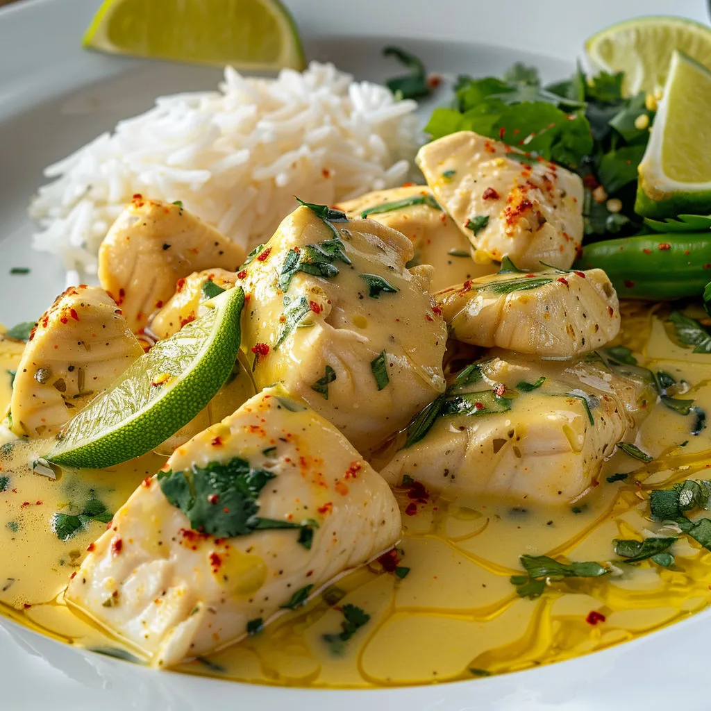 Poisson servi avec riz et lime, dans une assiette élégante.