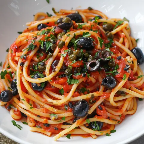 Un savoureux plat de pâtes à la sauce puttanesca agrémentée d’olives et herbes fraîches.