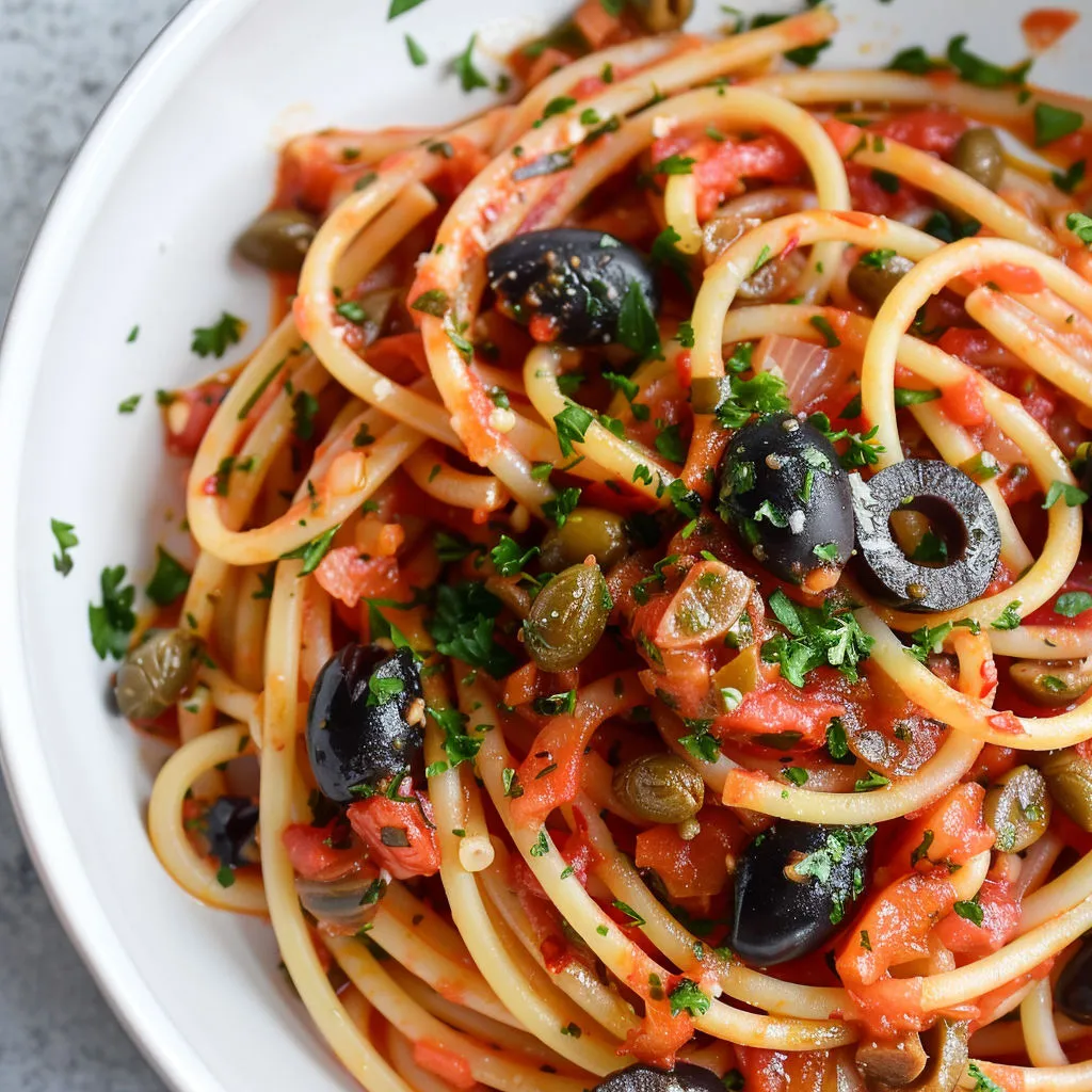 Assiette de spaghetti nappés de sauce tomate, olives et herbes fraîches.