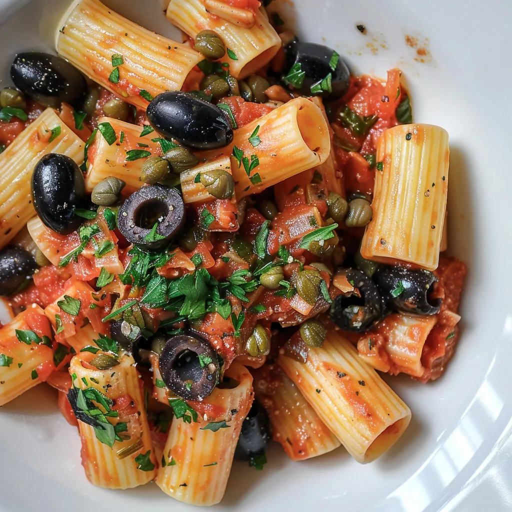 Penne nappé de sauce tomate et olives vertes sur une belle assiette.