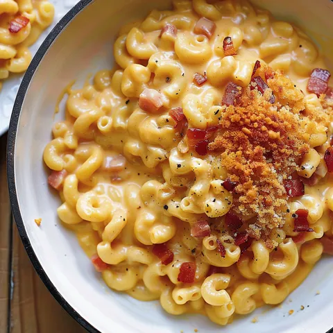 Une assiette de pâtes au fromage et pancetta avec une touche de vodka servie sur une table.