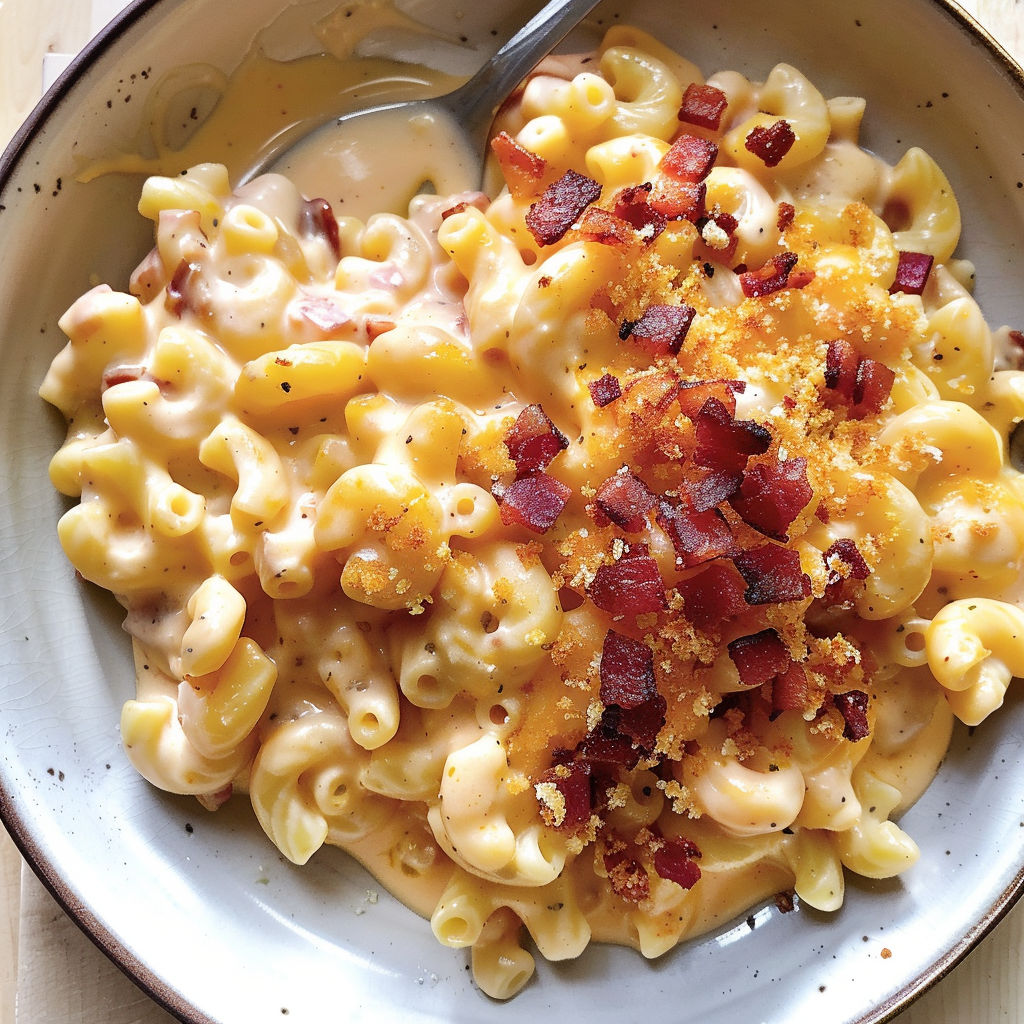 Un plat de macaroni avec du bacon et une grosse cuillère de sauce.
