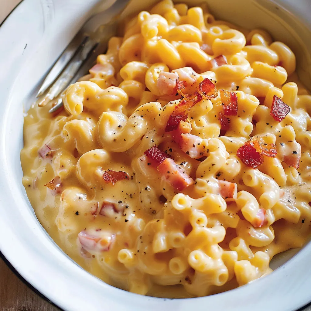 Un plat de macaroni avec bacon, herbes et épices posé sur la table.