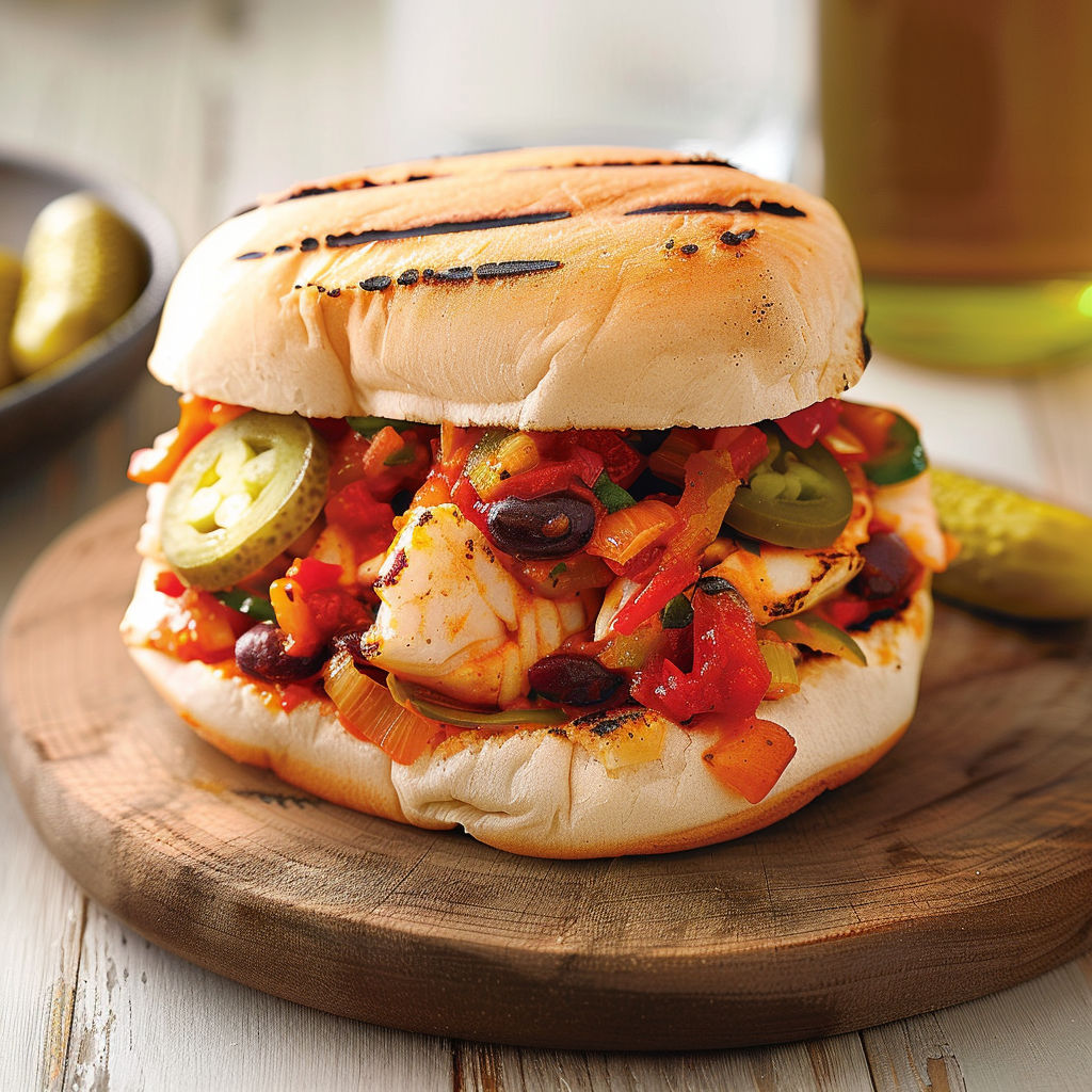 Sandwich gourmand avec poisson et légumes sur pain.