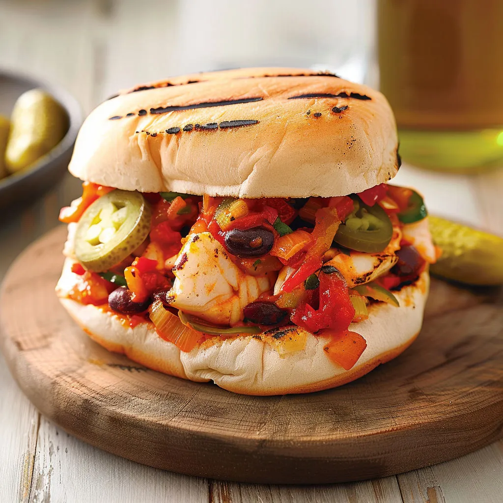 Sandwich gourmand avec poisson et légumes sur pain.