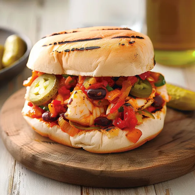 Sandwich gourmand avec poisson et légumes sur pain.