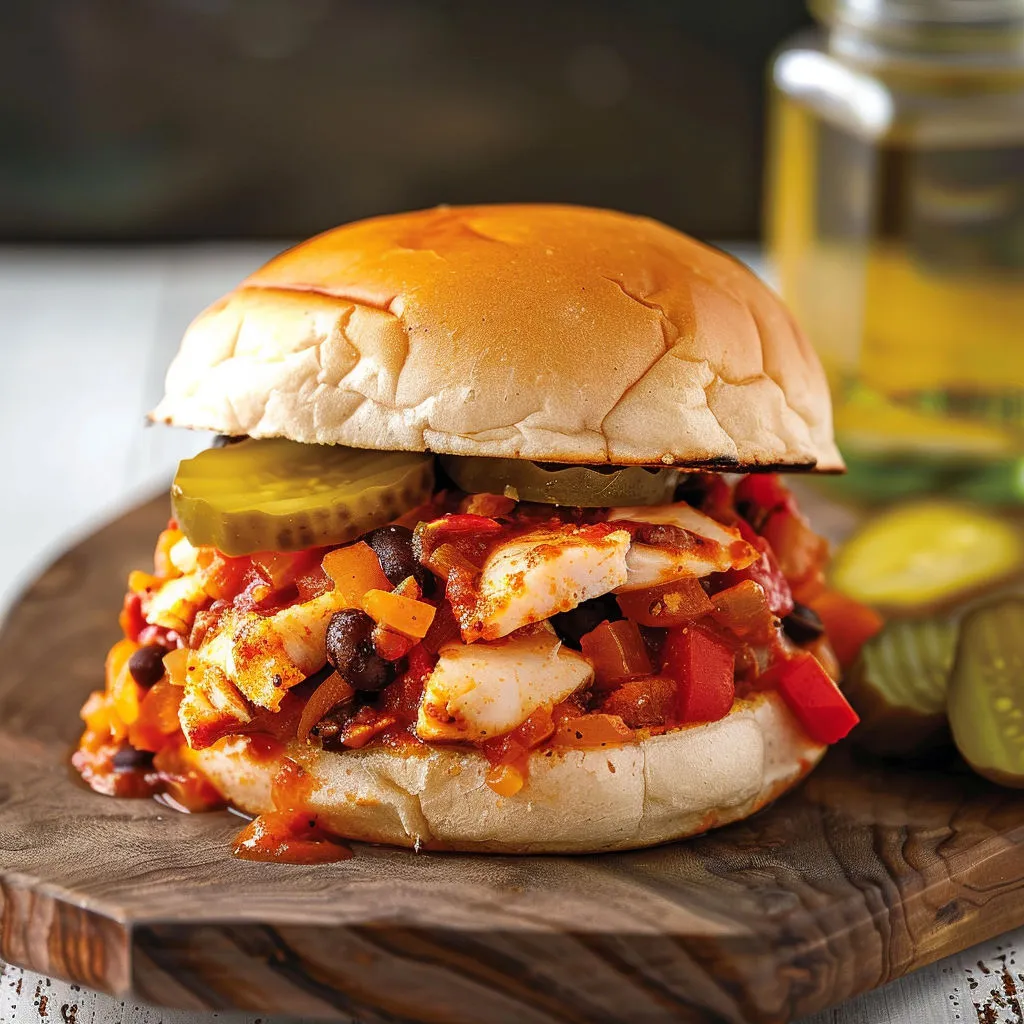 Un sandwich généreux au poisson et haricots épicés, posé à côté d’une bouteille d’huile.