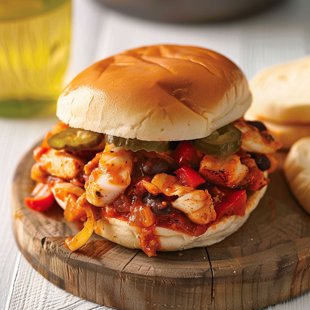Un sandwich au poisson blanc, léger et plein de saveurs, posé sur une planche en bois.