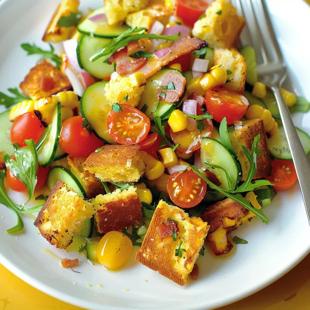 Une salade fraîche au pain de maïs, avec des légumes colorés et du bacon grillé.