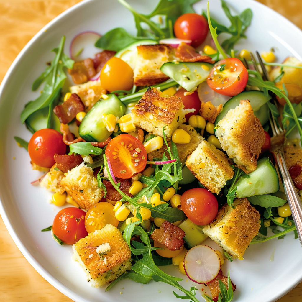 Salade mêlant tomates, concombres, bacon et moutarde, le tout parsemé de pain grillé.