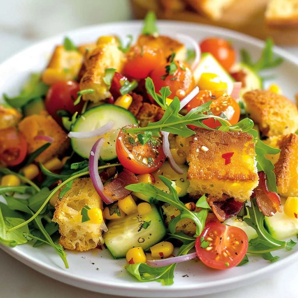 Salade pleine de légumes frais, pain doré, tomates, concombres, oignons, aubergines, courgettes, poivrons, pommes de terre, herbes fraîches.