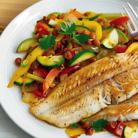 Poisson avec légumes sautés dans une poêle.