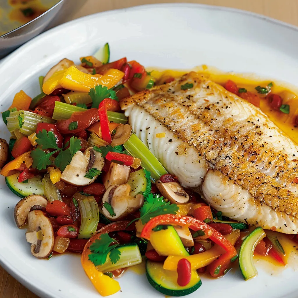 Un poisson doré avec sauce citronnée et légumes, comme carottes et poivrons, sur un plat.