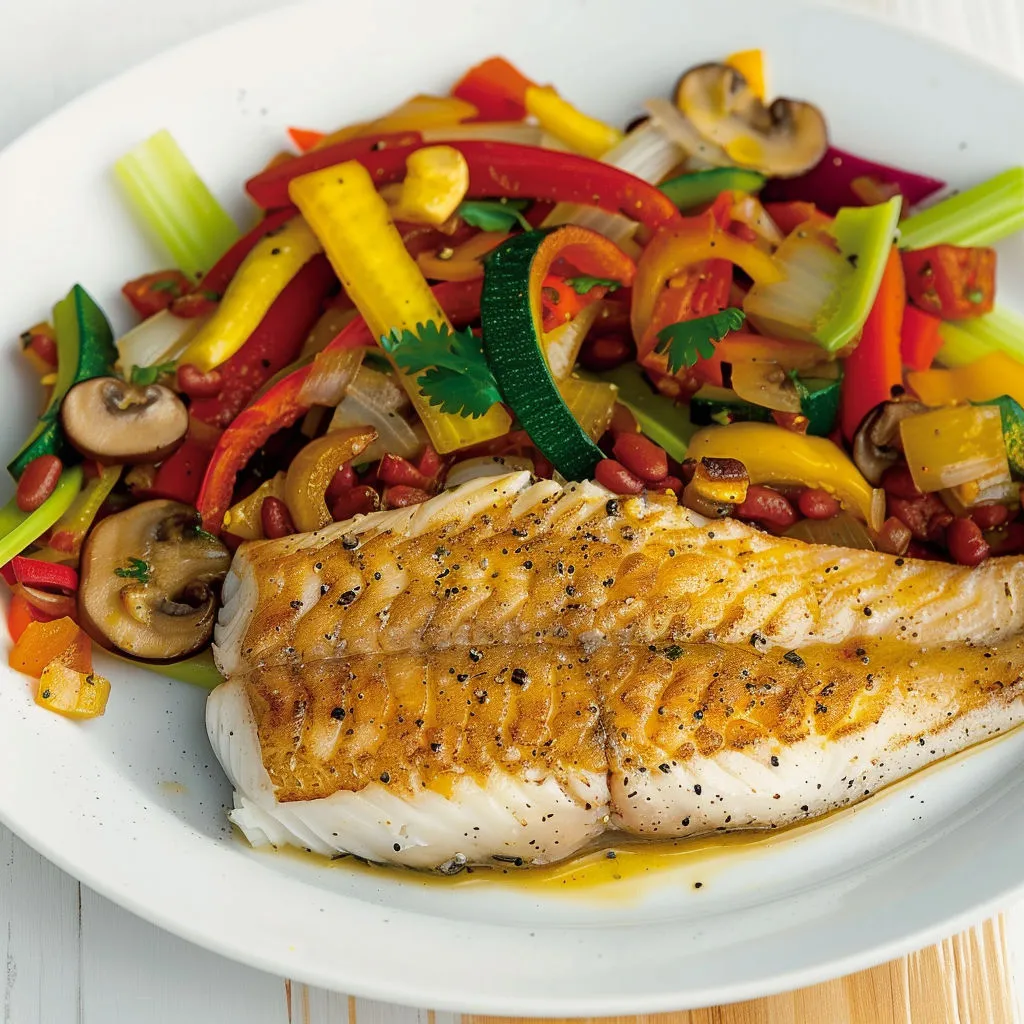 Un poisson grillé servi avec salade de légumes et quelques champignons.