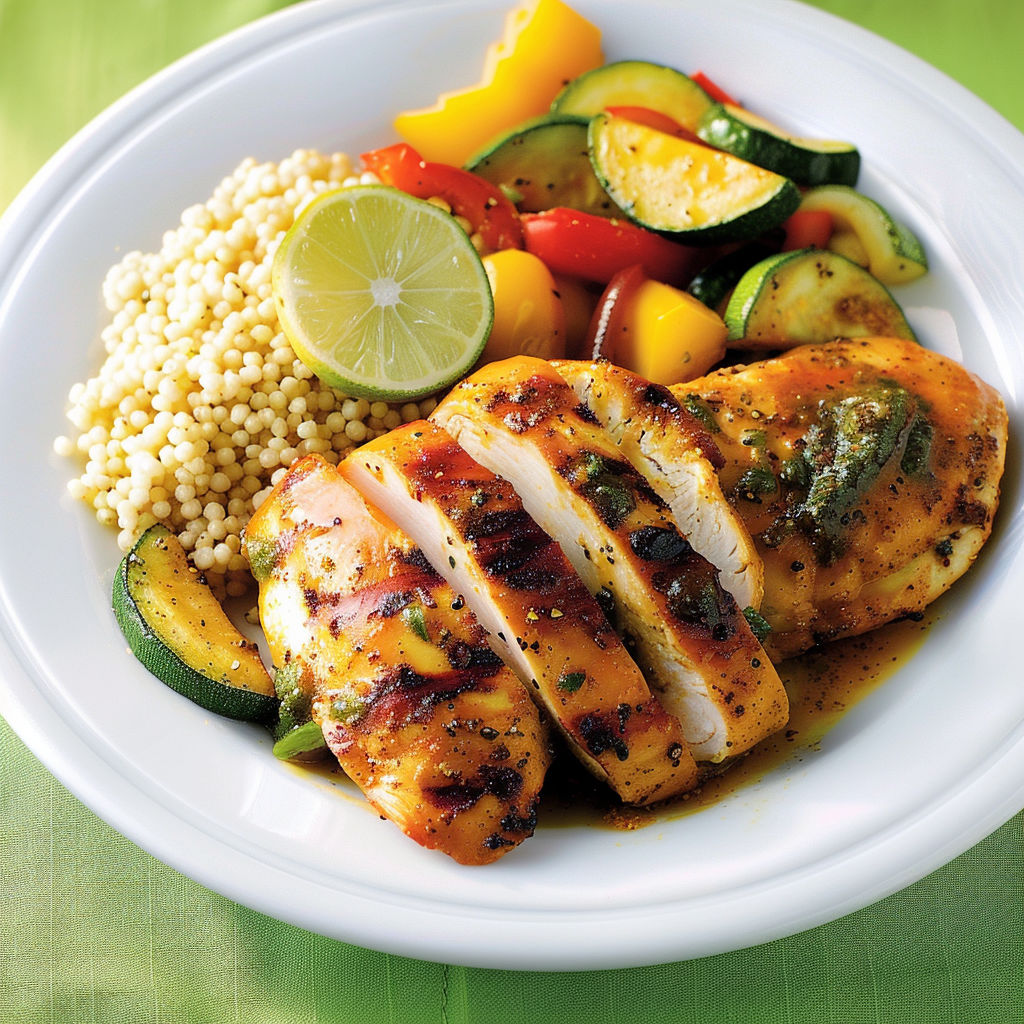 Assiette de poulet doré, légumes verts et herbes fraîches.