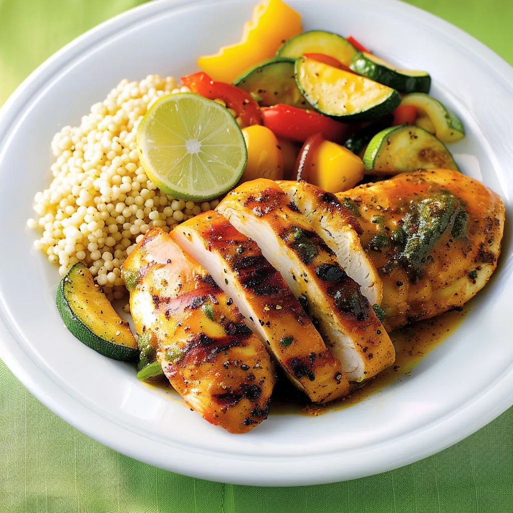 Assiette de poulet doré, légumes verts et herbes fraîches.