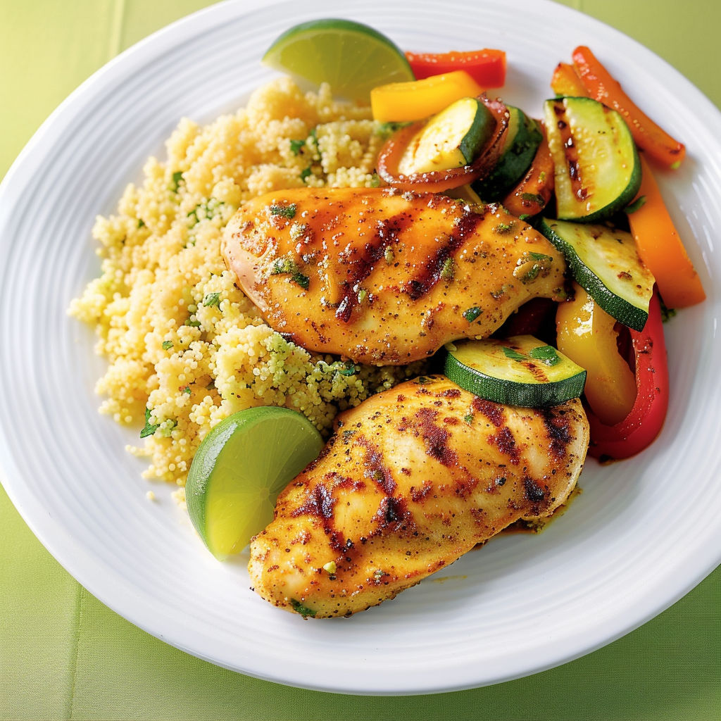 Assiette de poulet grillé, légumes verts et tomates bien mûres.