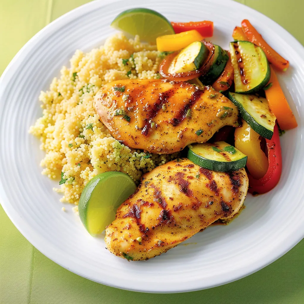 Assiette de poulet grillé, légumes verts et tomates bien mûres.