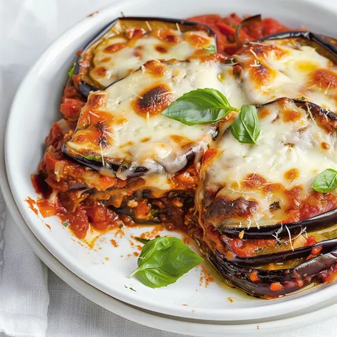 Un plat de gratin d'aubergines servi sur un plateau.