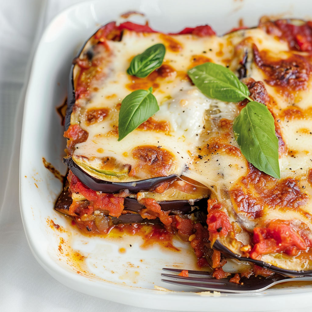 Un plat de lasagnes faites maison avec champignons et herbes fraîches.