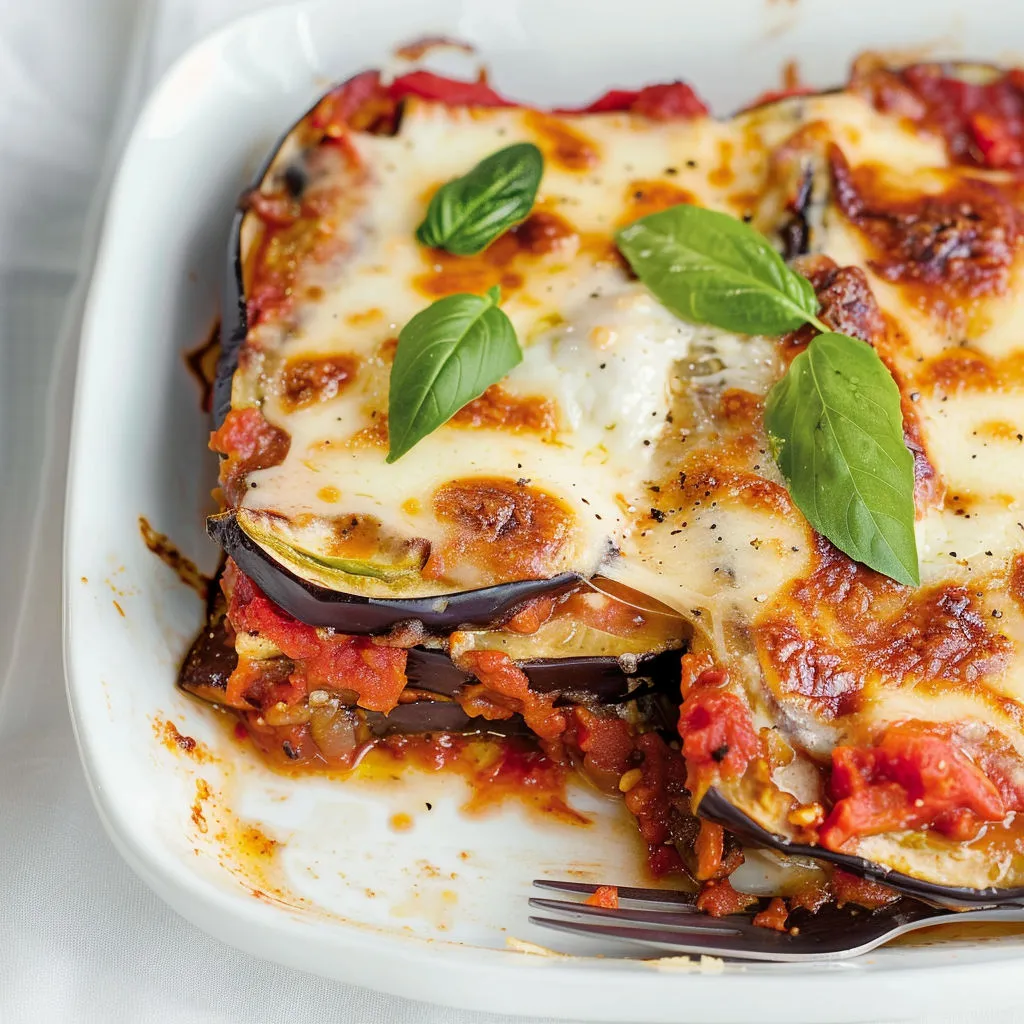 Un plat de lasagnes faites maison avec champignons et herbes fraîches.