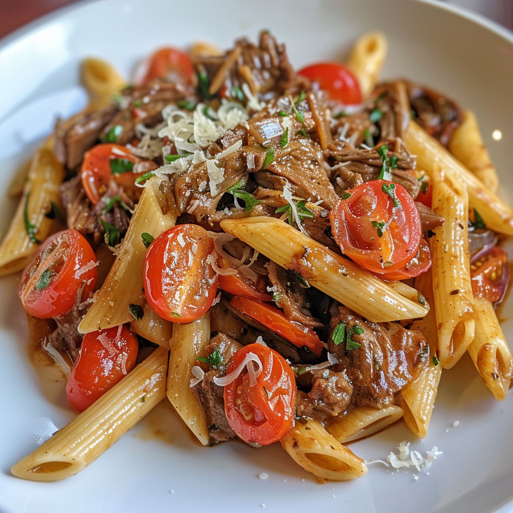 Des pâtes au bœuf tendre avec oignons et touches provençales, décorées de tomates et herbes.