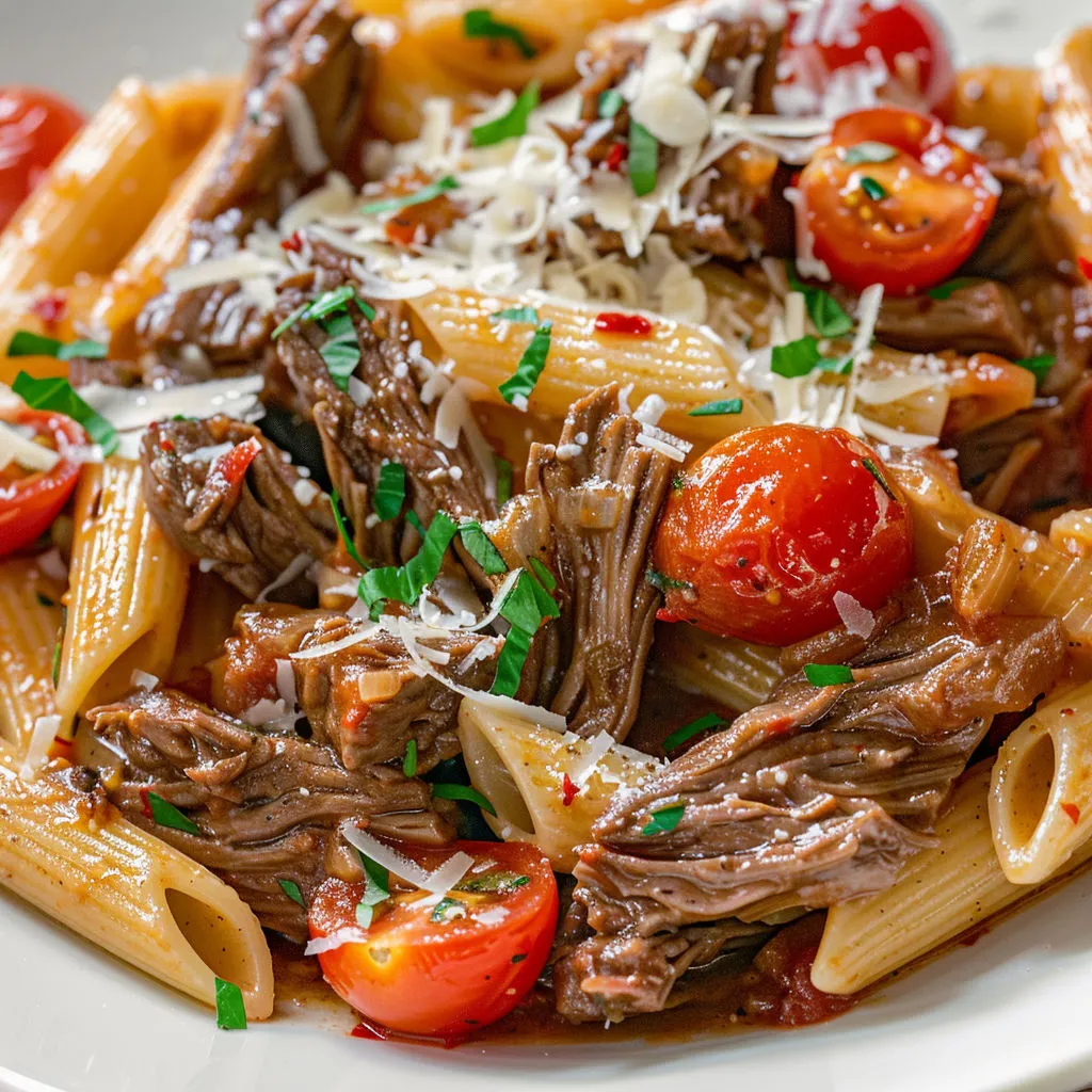 Pâtes à la viande et tomates cerises avec herbes fraîches et parmesan, plat convivial et parfumé.
