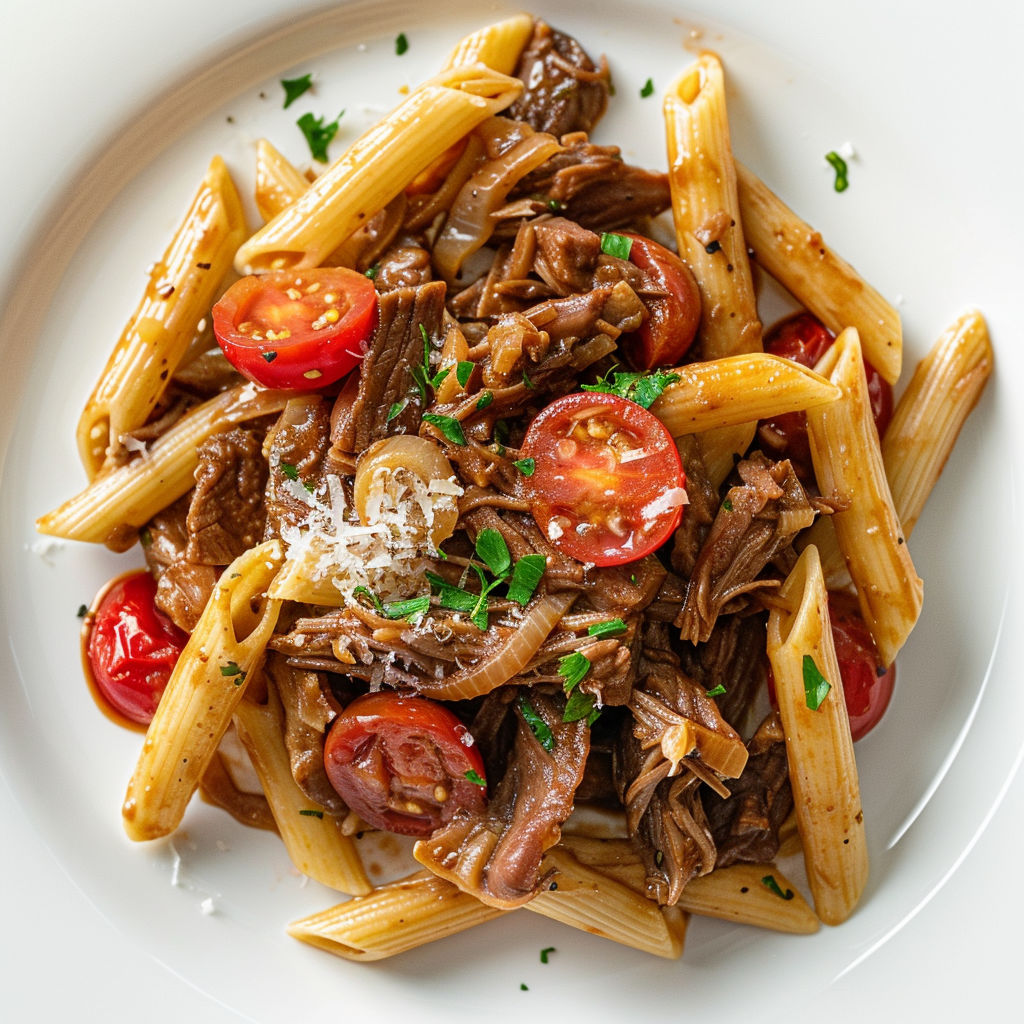 Assiette de pennes aux tomates et bœuf, nappée de parmesan, petit côté convivial du Sud.