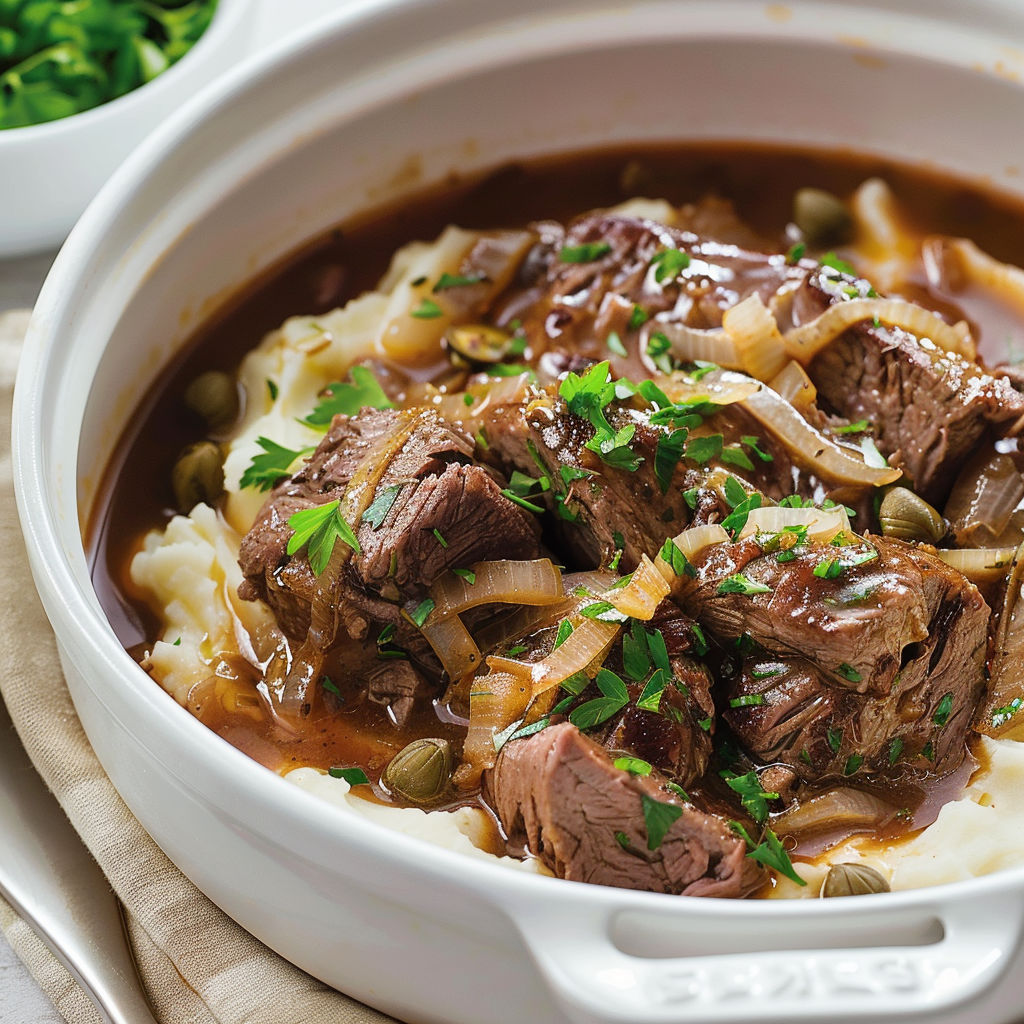Un délicieux plat de bœuf aux oignons avec des notes provençales, accompagné de purée et d'herbes fraîches.