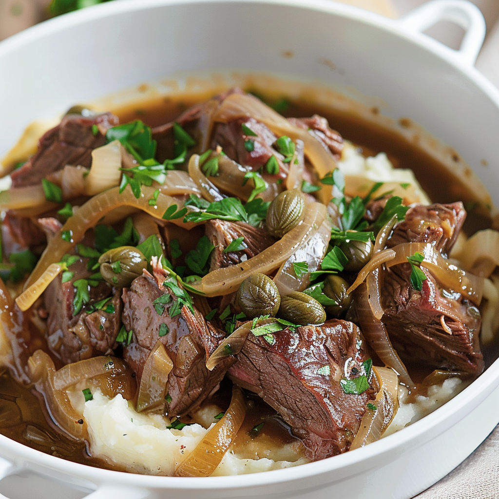Un plat de bœuf et légumes avec pommes de terre et oignons.