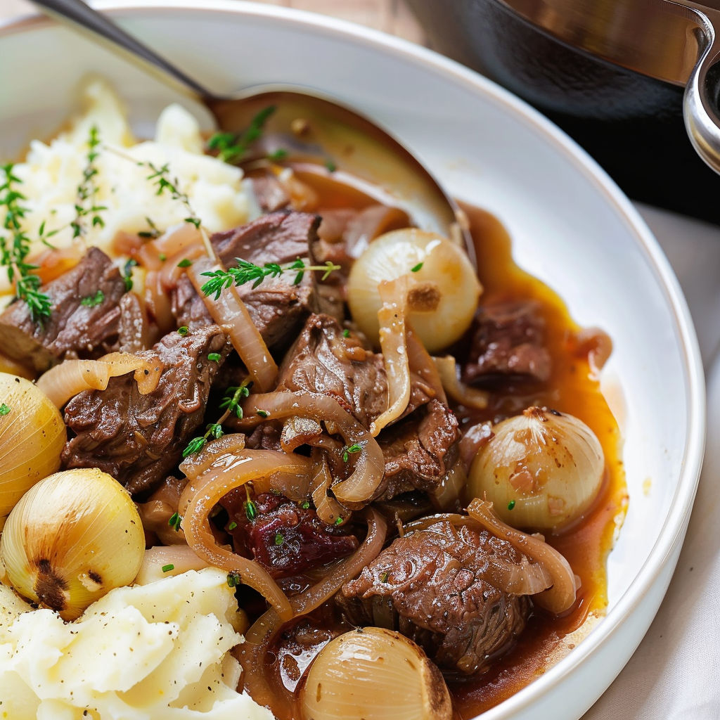 Un plat de bœuf et pommes de terre servi dans un bol.