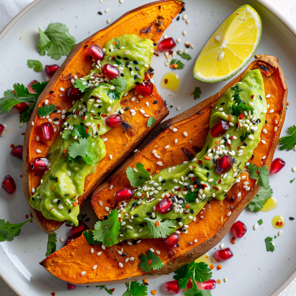 Patate douce rôtie avec une sauce avocat crémeuse.