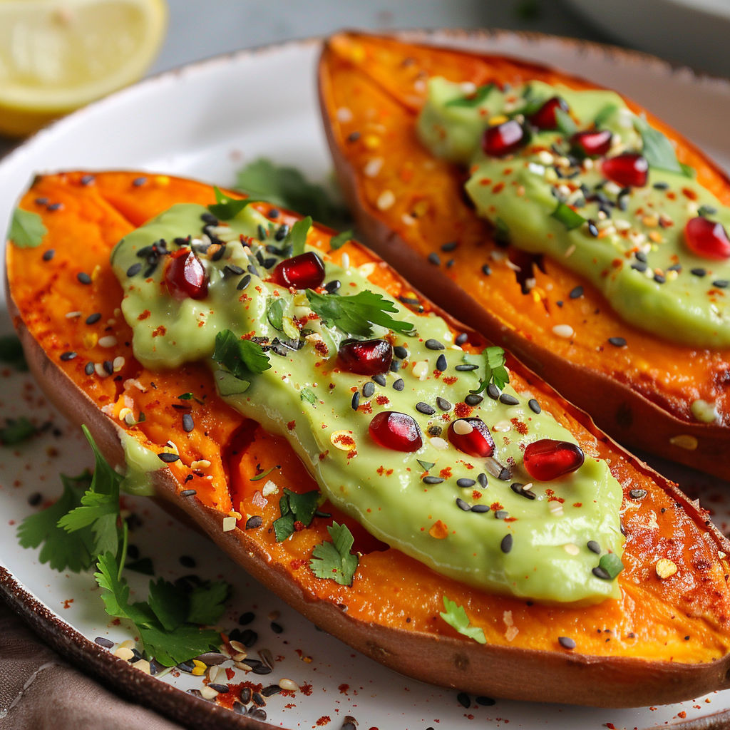 Pomme cuite avec sauce verte et touche de sésame.